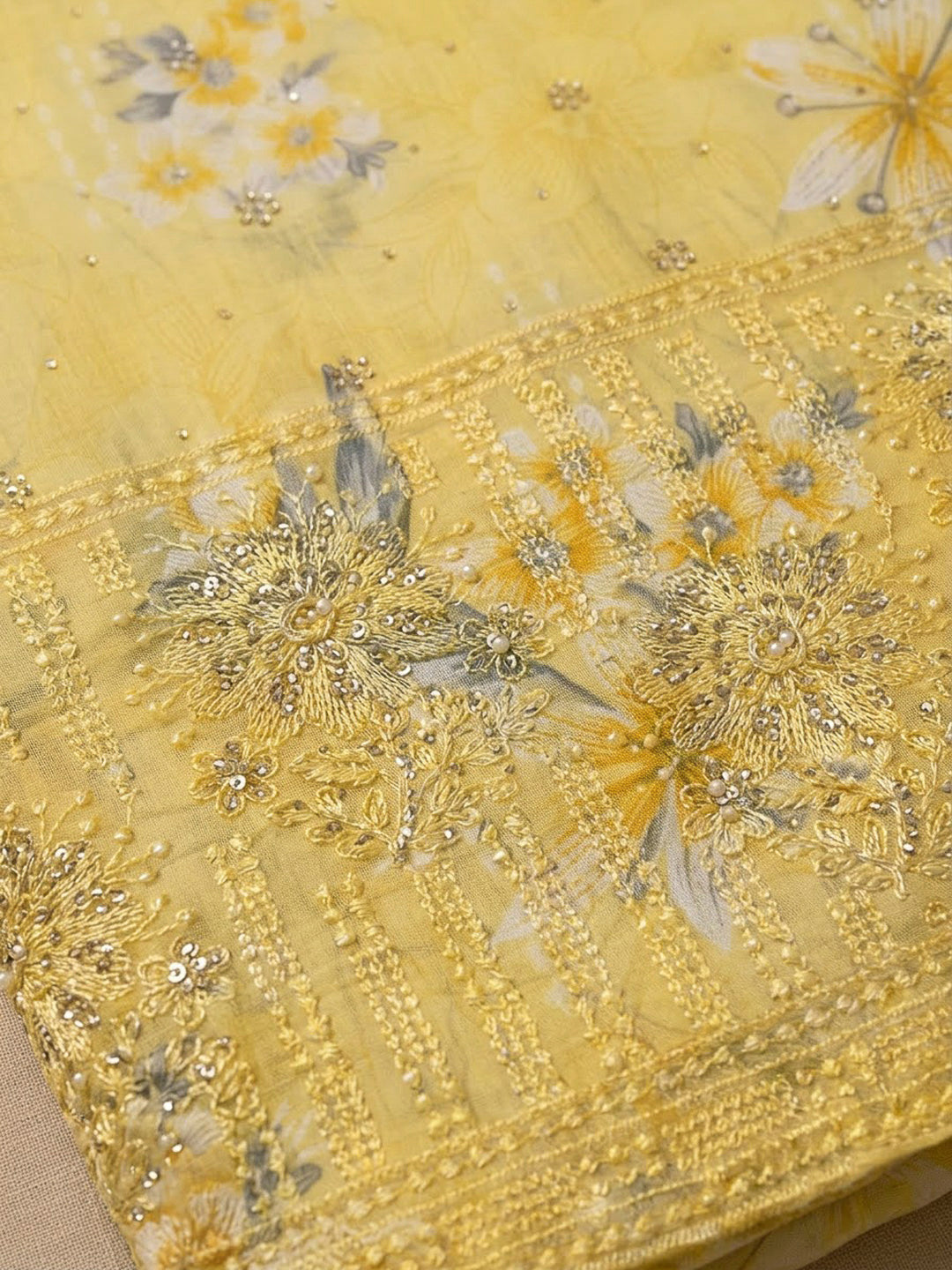 Yellow Cotton Blend Printed Unstitched Dress Material