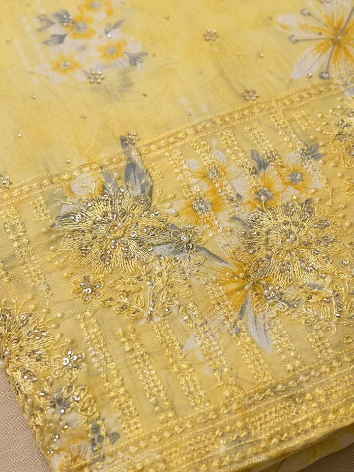 Yellow Cotton Blend Printed Unstitched Dress Material