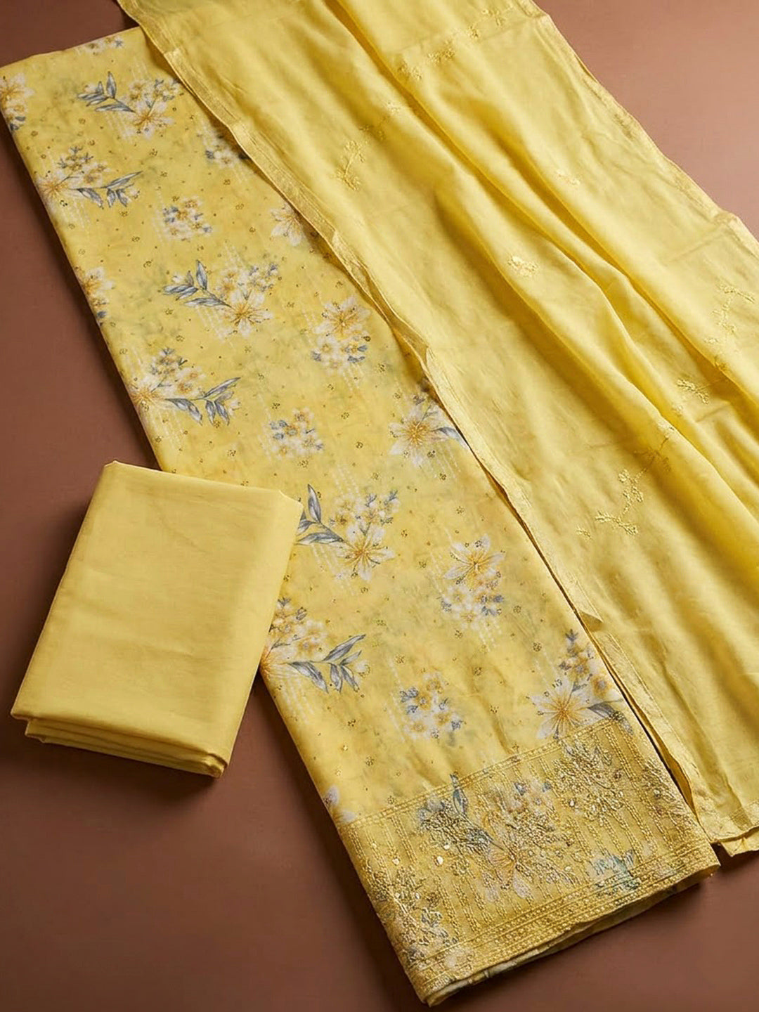 Yellow Cotton Blend Printed Unstitched Dress Material