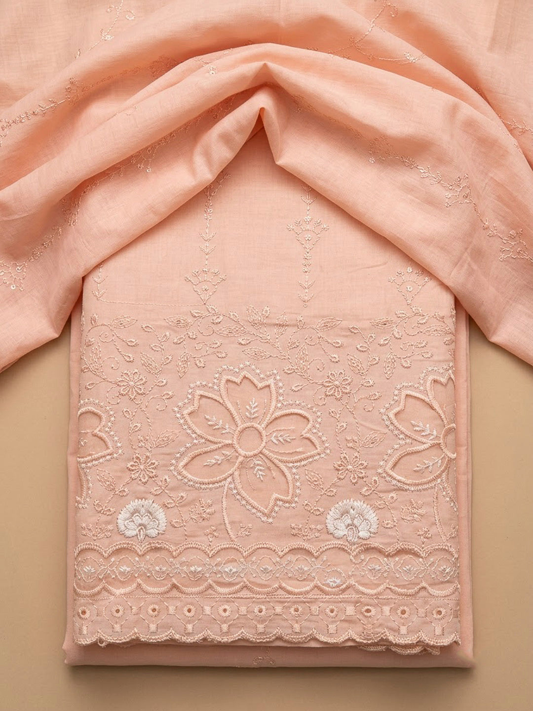 Peach Cotton Blend Embroidered Unstitched Dress Material