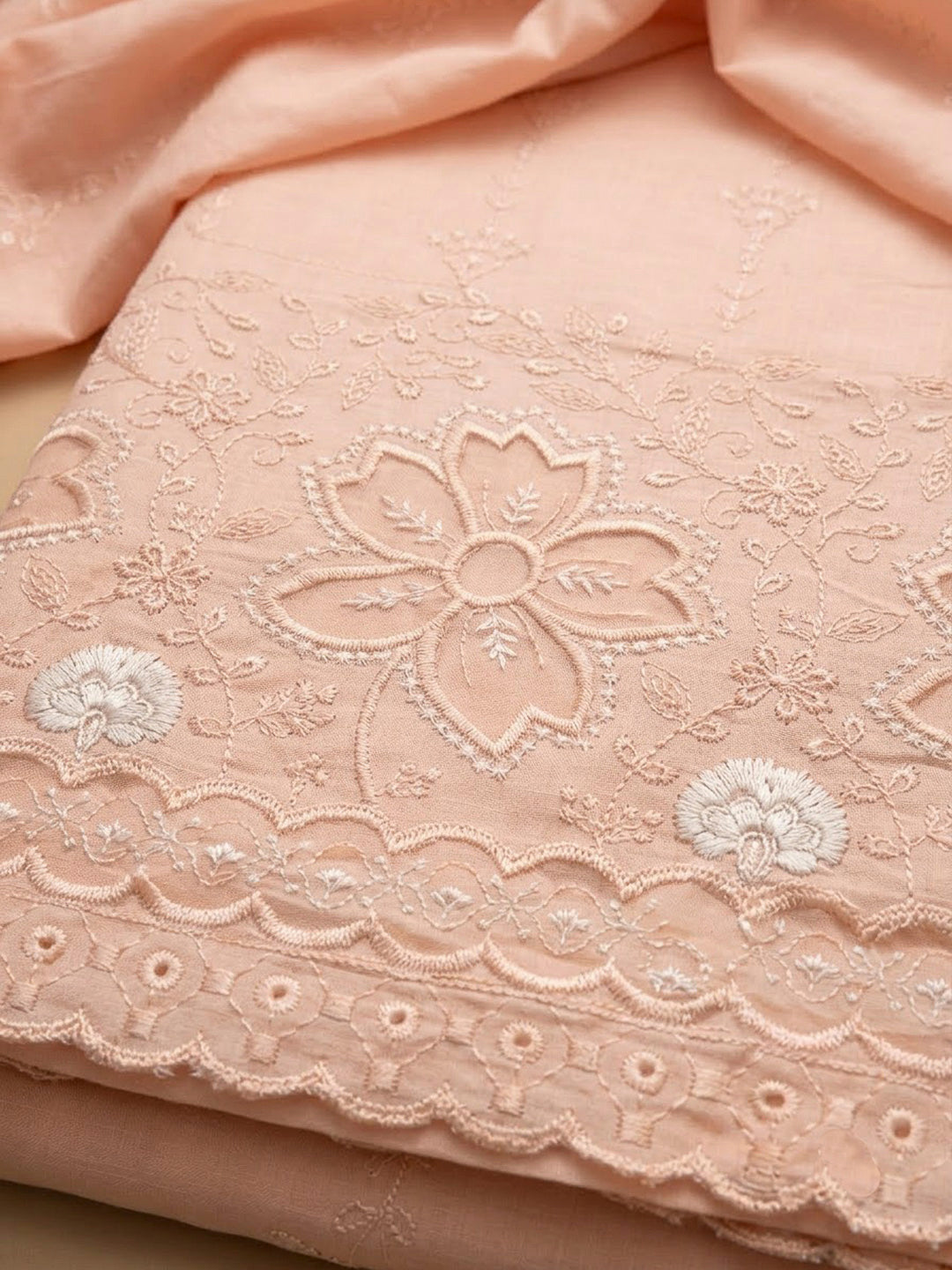 Peach Cotton Blend Embroidered Unstitched Dress Material