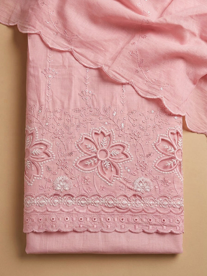 Pink Cotton Blend Embroidered Unstitched Dress Material