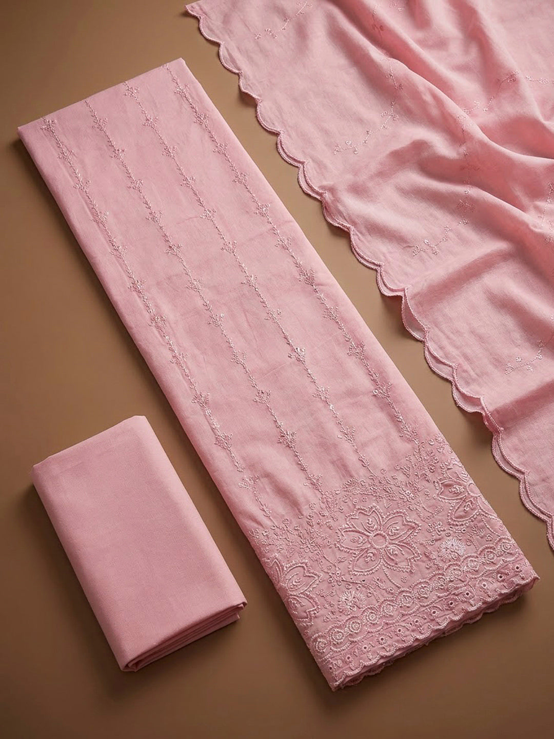 Pink Cotton Blend Embroidered Unstitched Dress Material