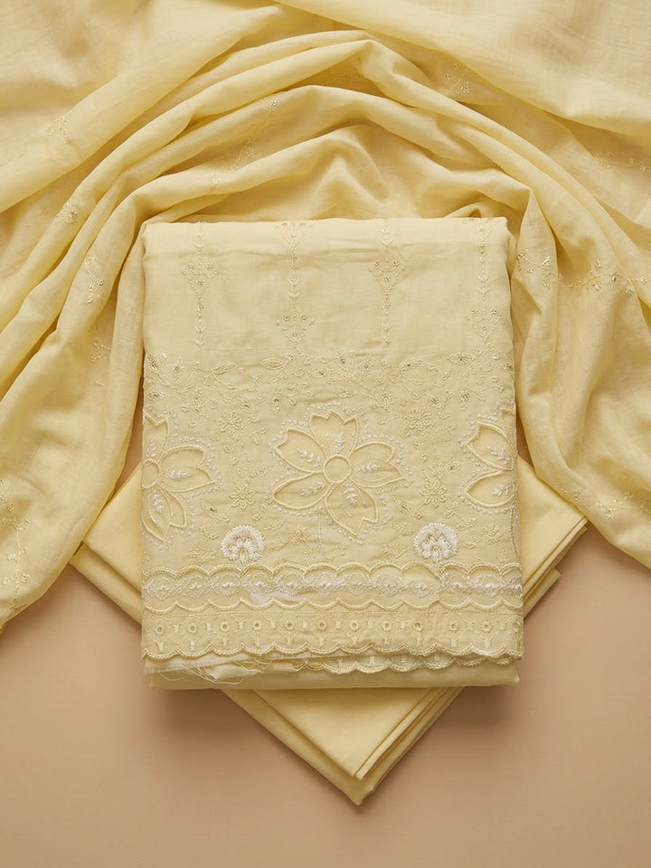 Yellow Cotton Blend Embroidered Unstitched Dress Material