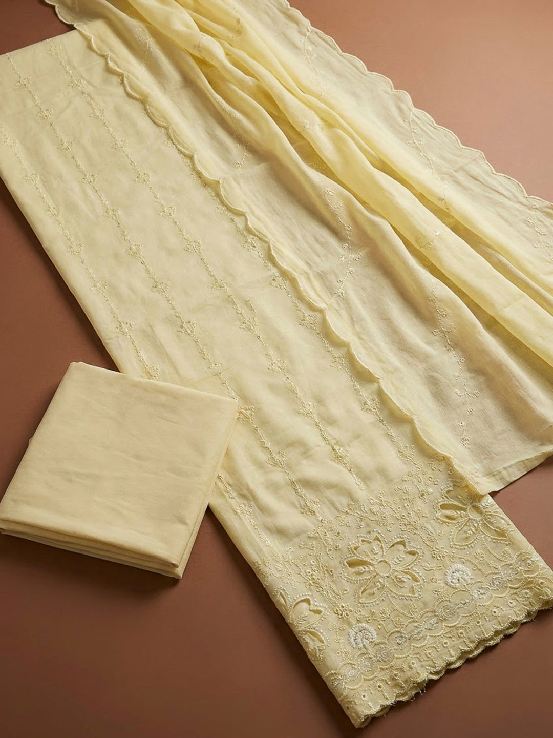 Yellow Cotton Blend Embroidered Unstitched Dress Material