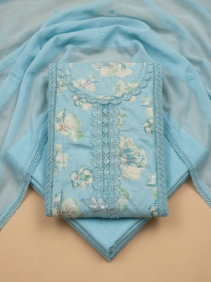 Blue Cotton Blend Embroidered Unstitched Dress Material