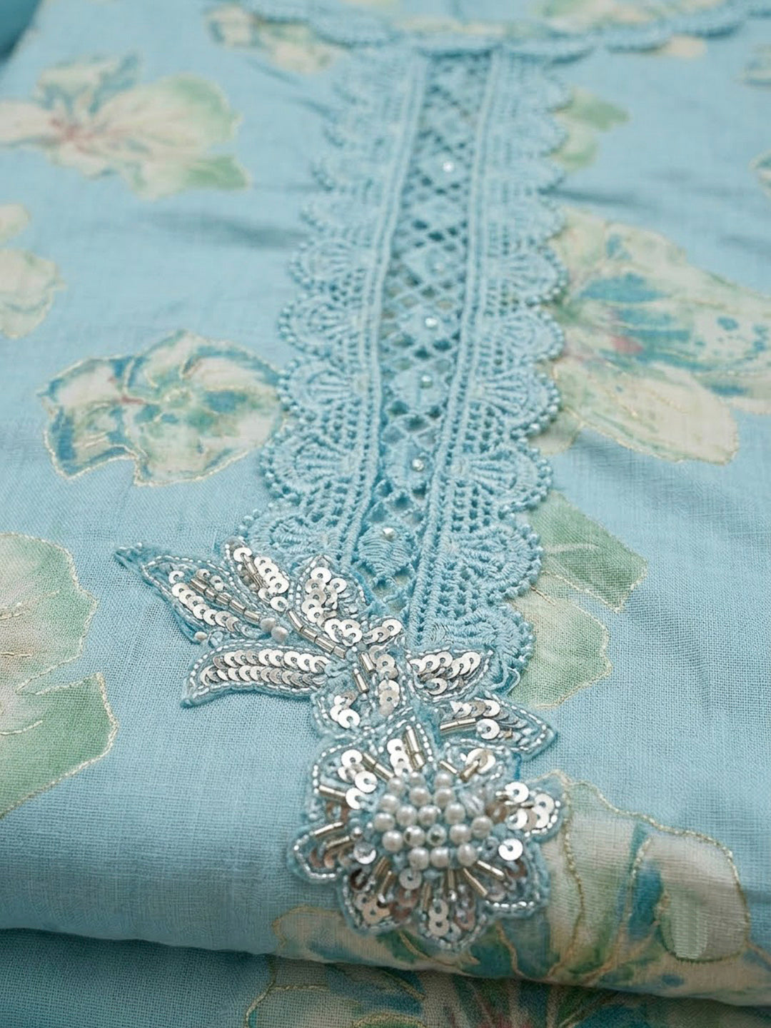 Blue Cotton Blend Embroidered Unstitched Dress Material