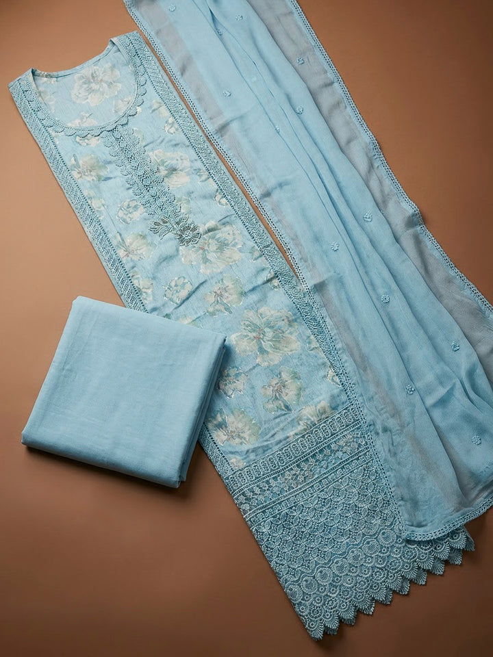 Blue Cotton Blend Embroidered Unstitched Dress Material