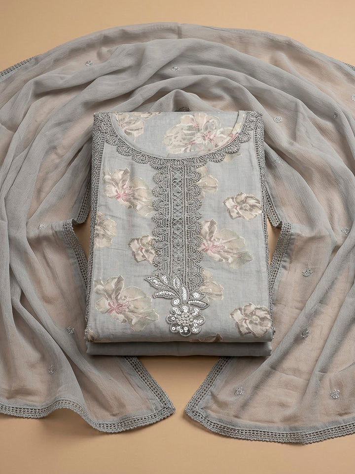Grey Cotton Blend Embroidered Unstitched Dress Material