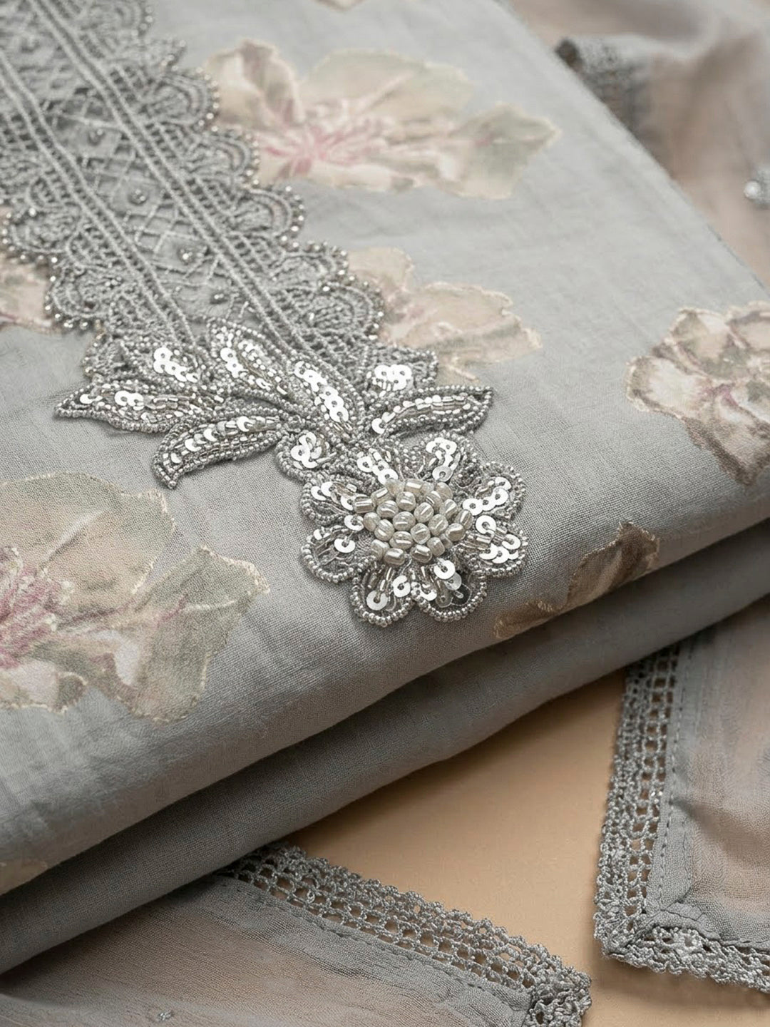 Grey Cotton Blend Embroidered Unstitched Dress Material