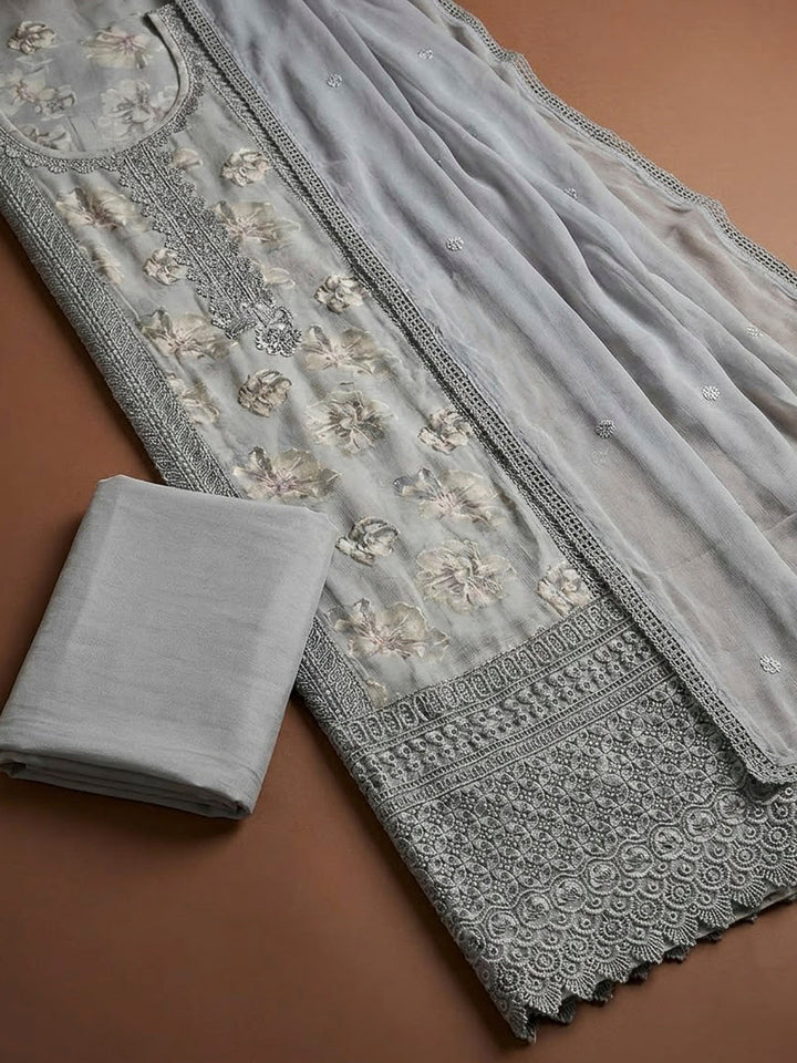 Grey Cotton Blend Embroidered Unstitched Dress Material