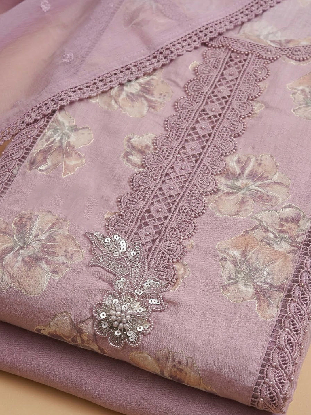 Onion Pink Cotton Blend Embroidered Unstitched Dress Material