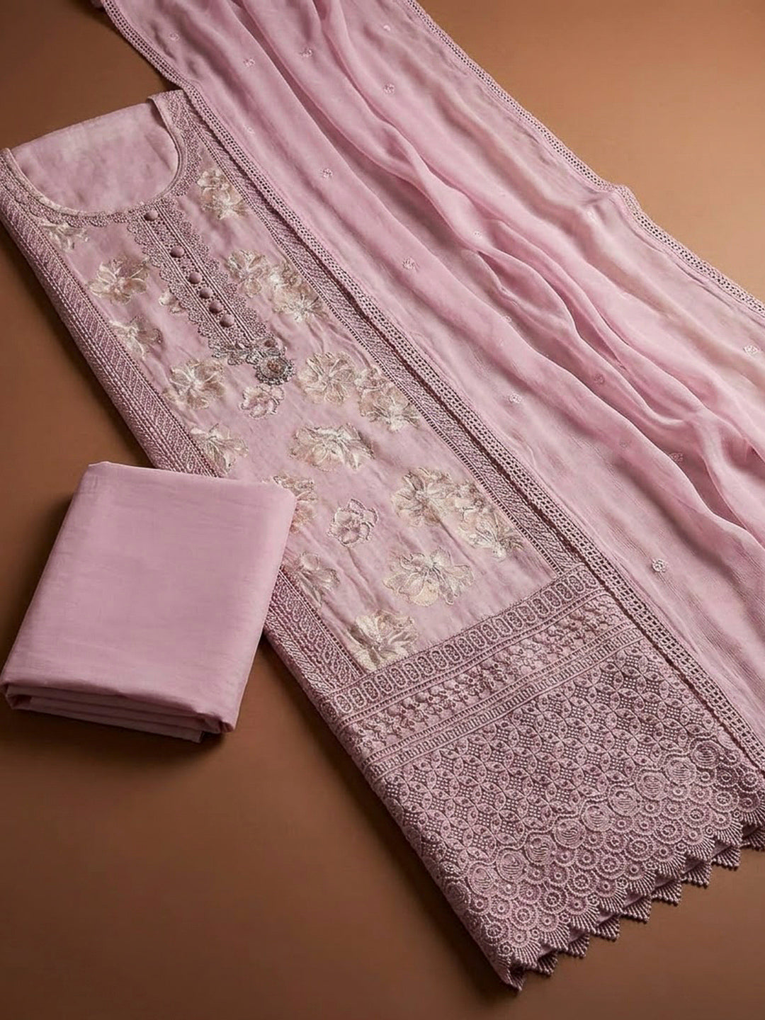 Onion Pink Cotton Blend Embroidered Unstitched Dress Material