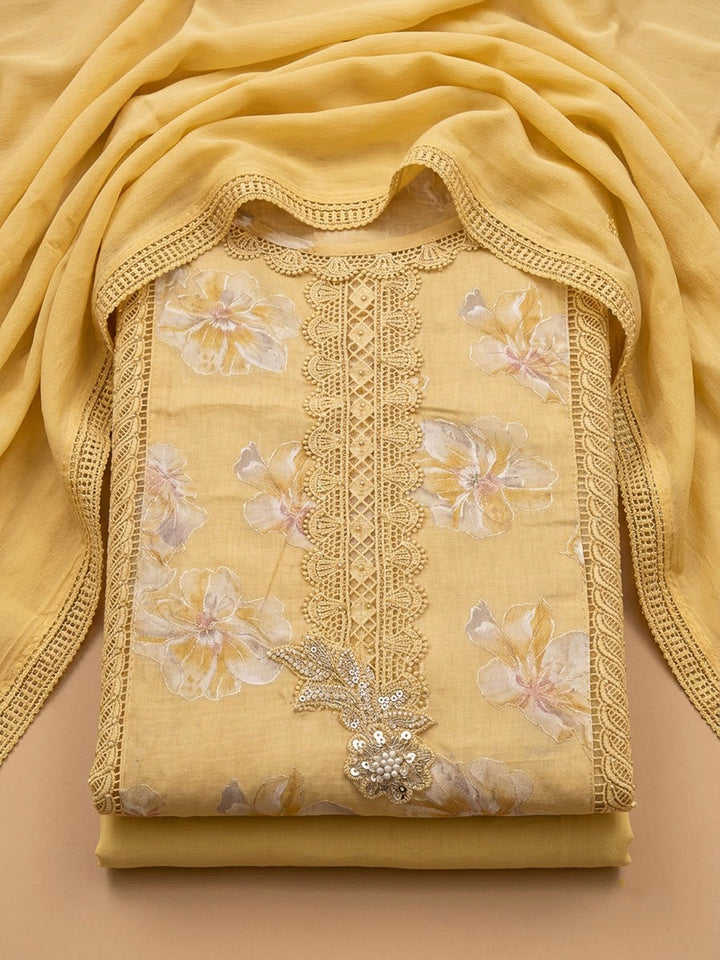 Yellow Cotton Blend Embroidered Unstitched Dress Material