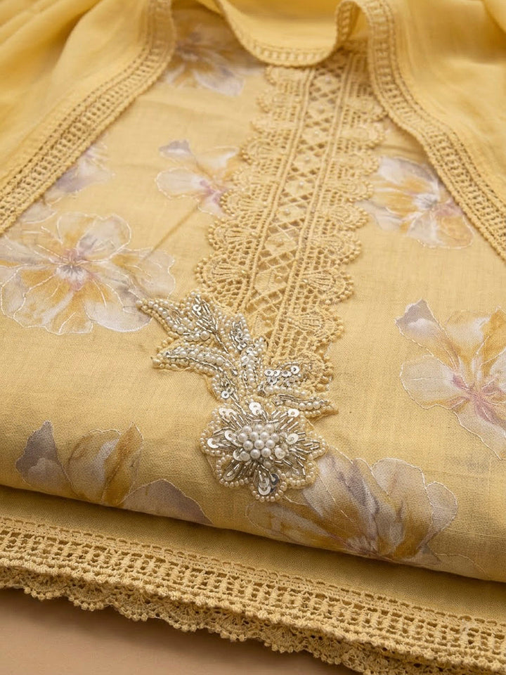 Yellow Cotton Blend Embroidered Unstitched Dress Material