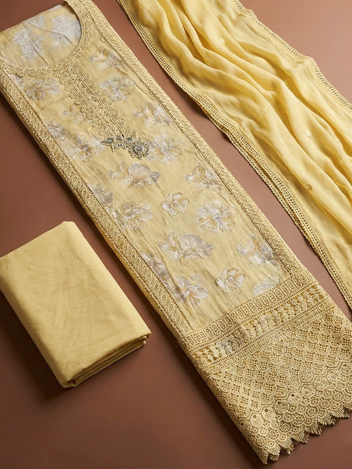 Yellow Cotton Blend Embroidered Unstitched Dress Material