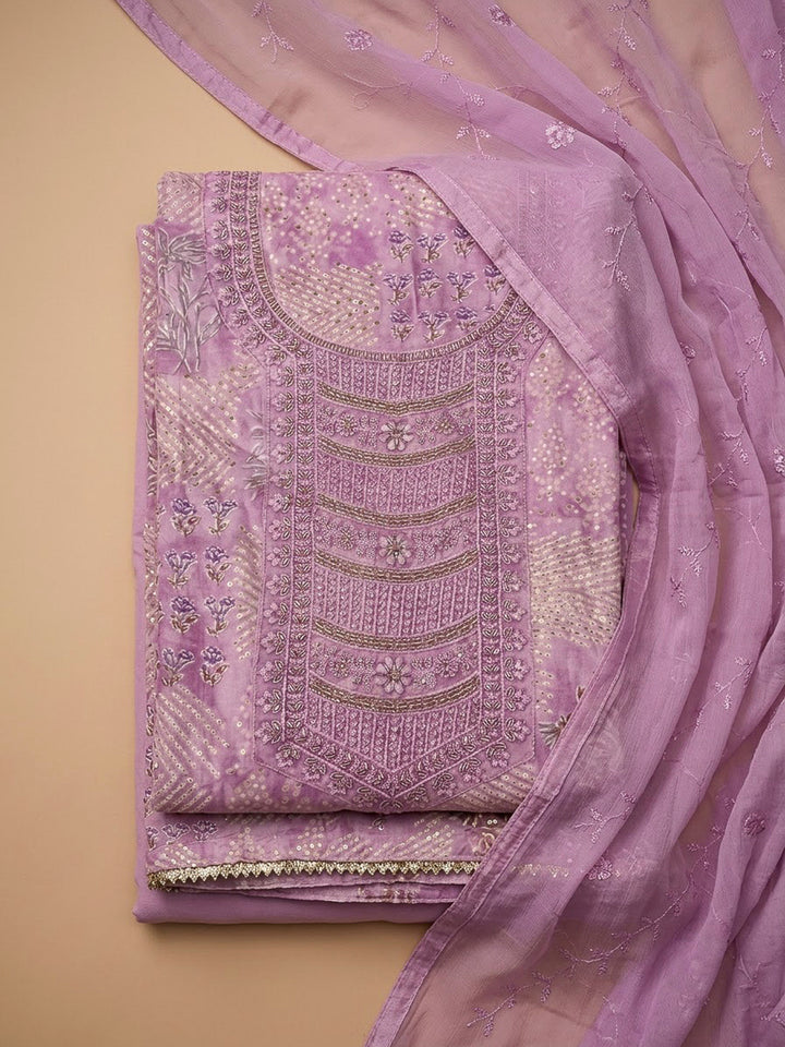 Lavender Cotton Blend Embroidered Unstitched Dress Material