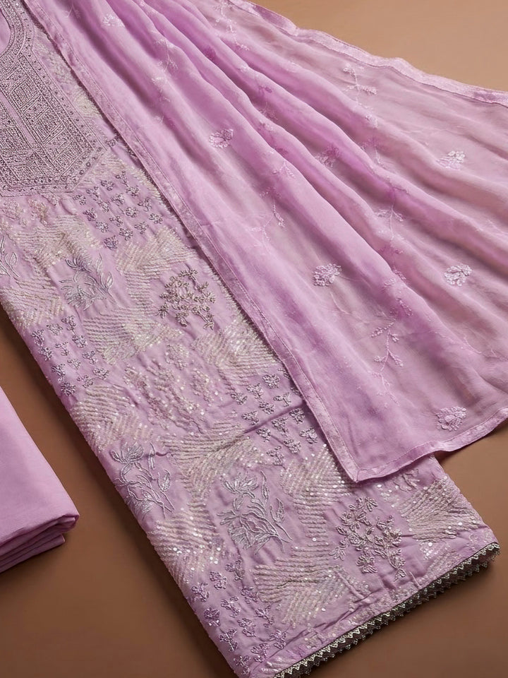 Lavender Cotton Blend Embroidered Unstitched Dress Material