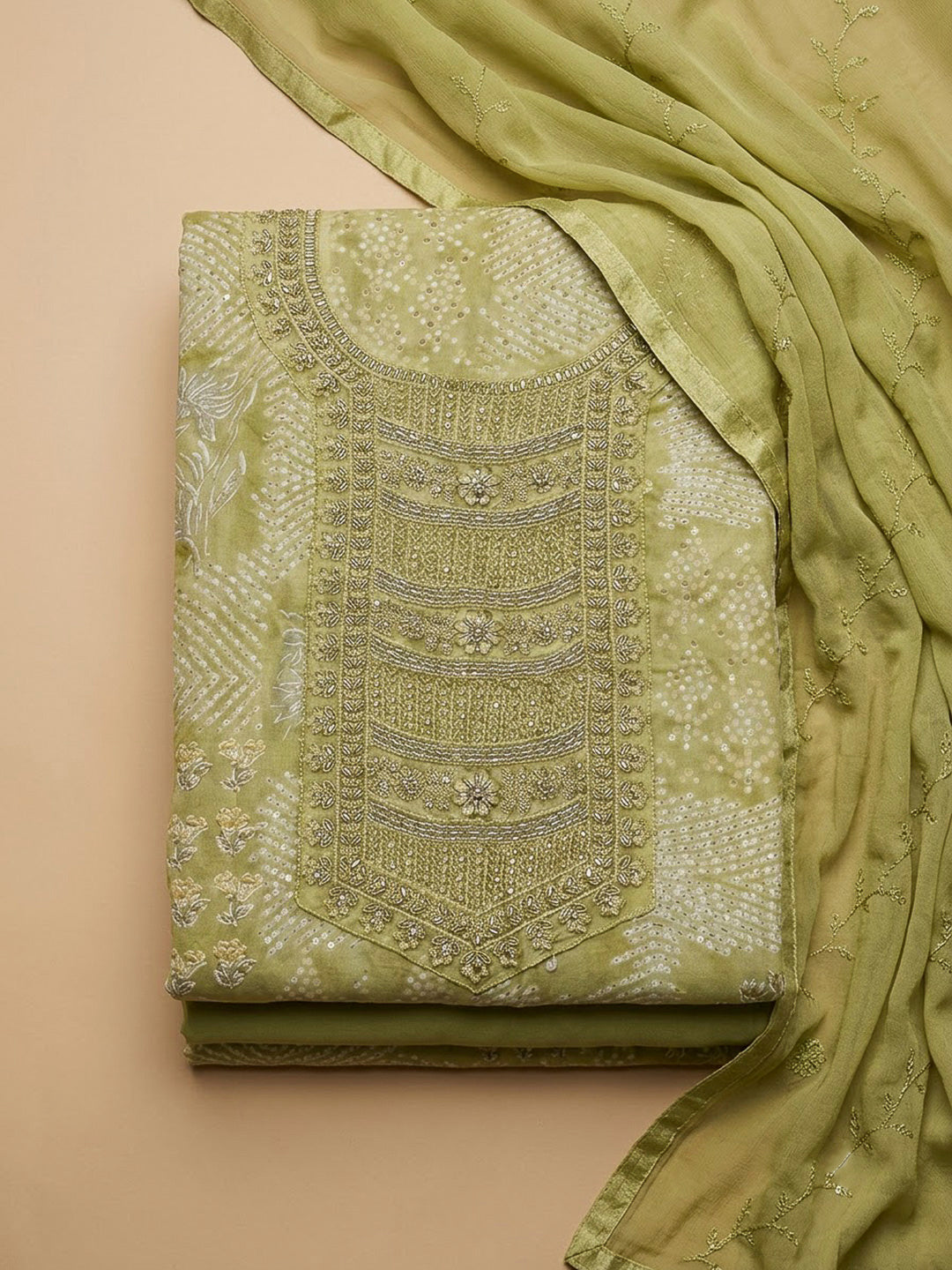 Mehndi Cotton Blend Embroidered Unstitched Dress Material
