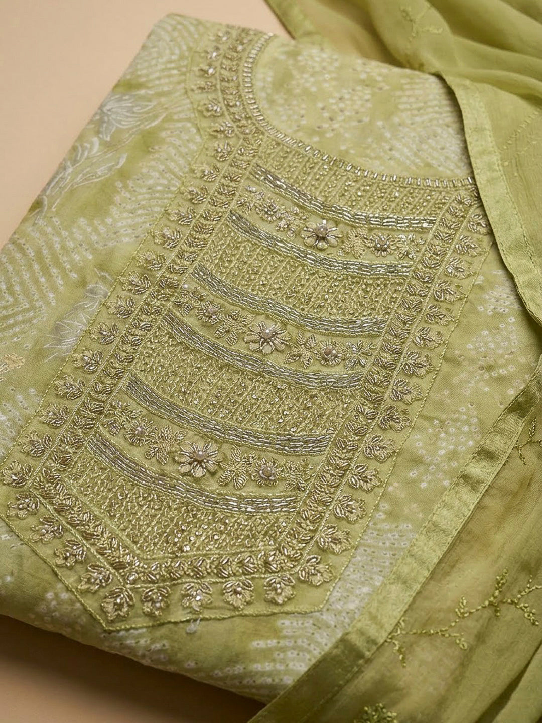 Mehndi Cotton Blend Embroidered Unstitched Dress Material