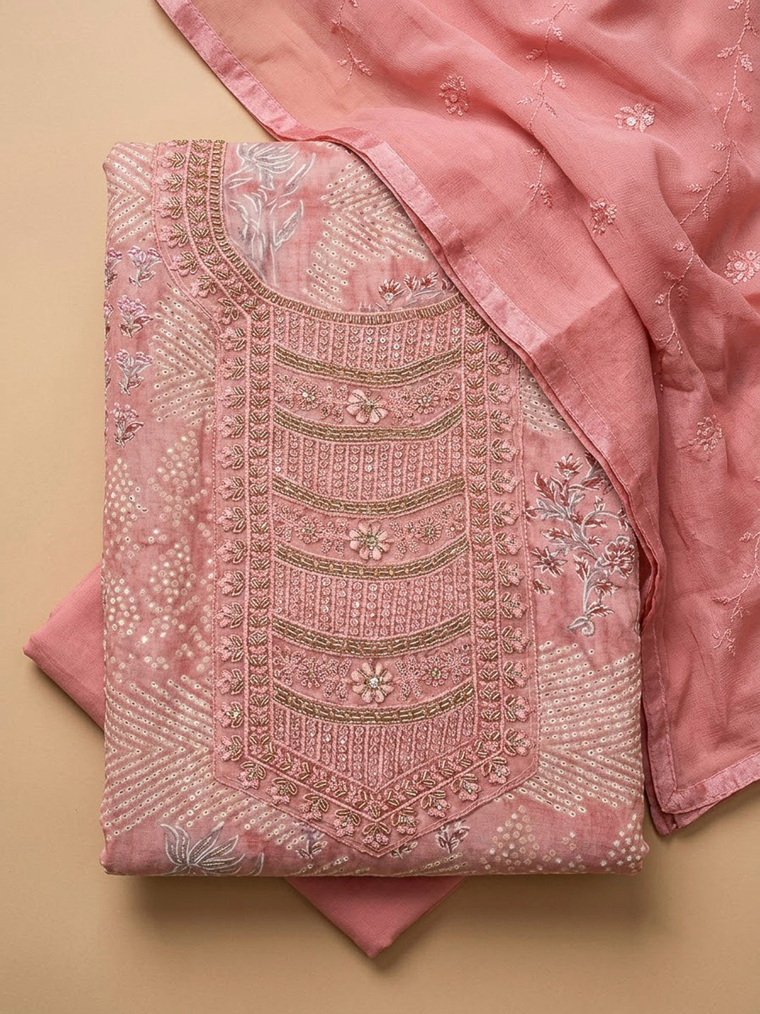 Peach Cotton Blend Embroidered Unstitched Dress Material