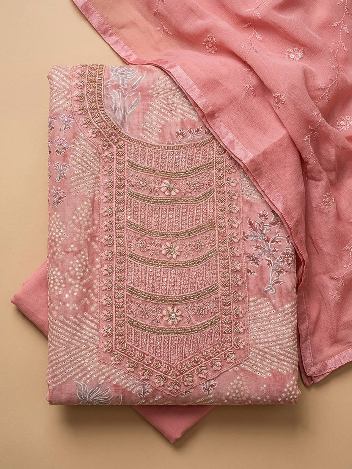 Peach Cotton Blend Embroidered Unstitched Dress Material