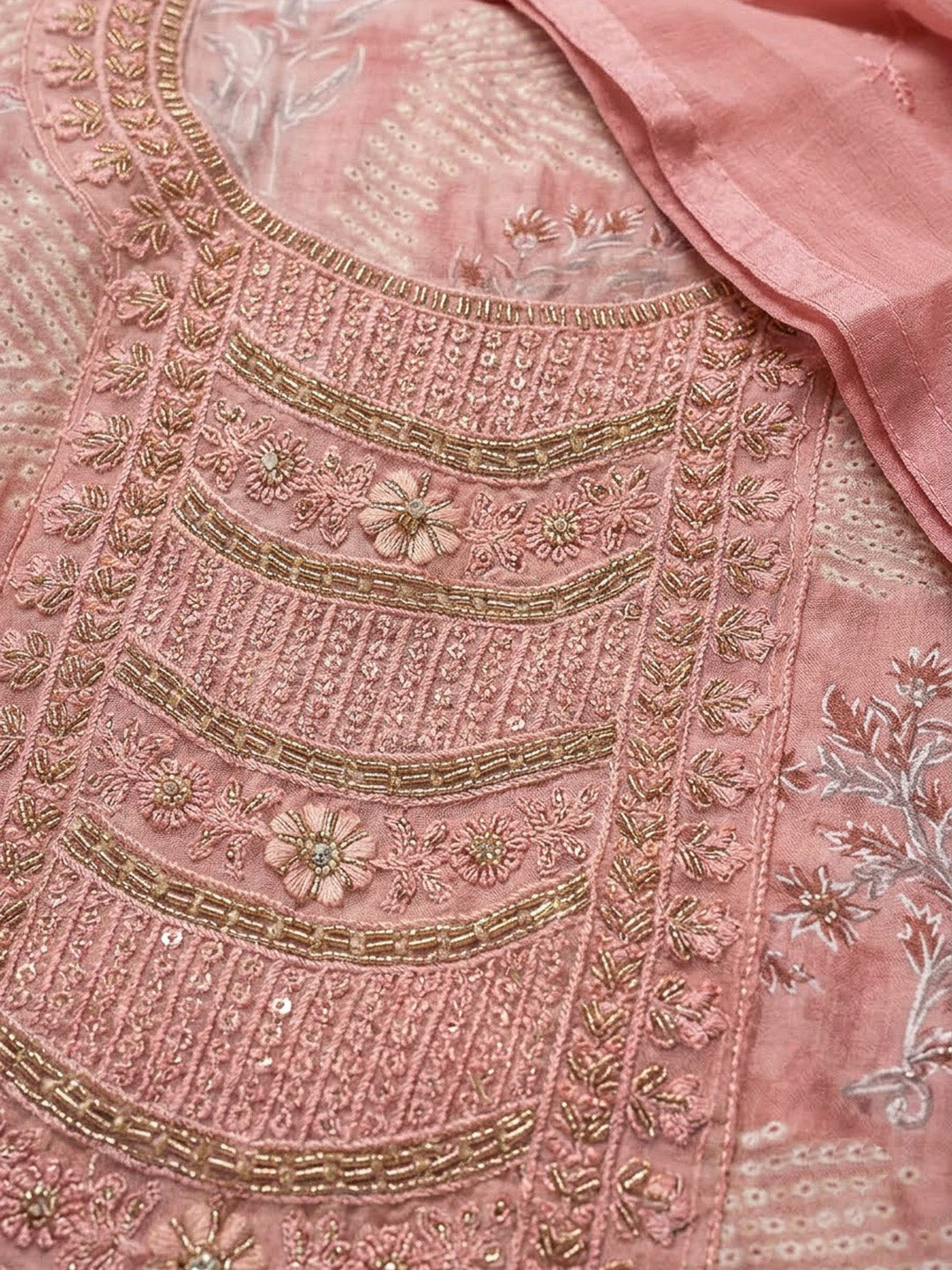 Peach Cotton Blend Embroidered Unstitched Dress Material