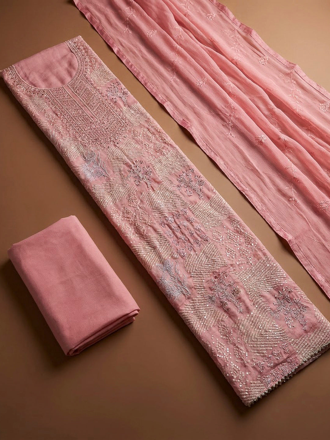 Peach Cotton Blend Embroidered Unstitched Dress Material