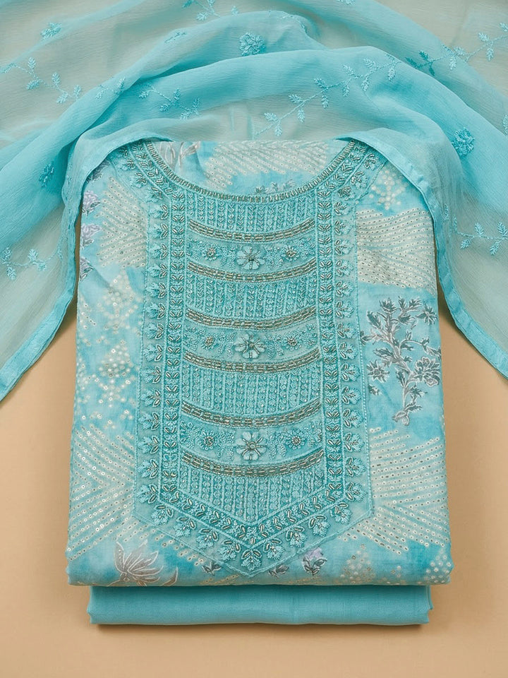 Sky Blue Cotton Blend Embroidered Unstitched Dress Material