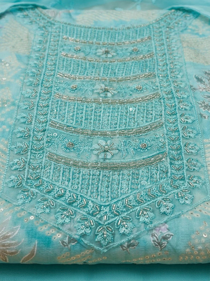 Sky Blue Cotton Blend Embroidered Unstitched Dress Material