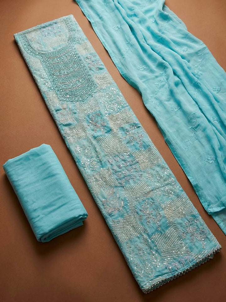 Sky Blue Cotton Blend Embroidered Unstitched Dress Material