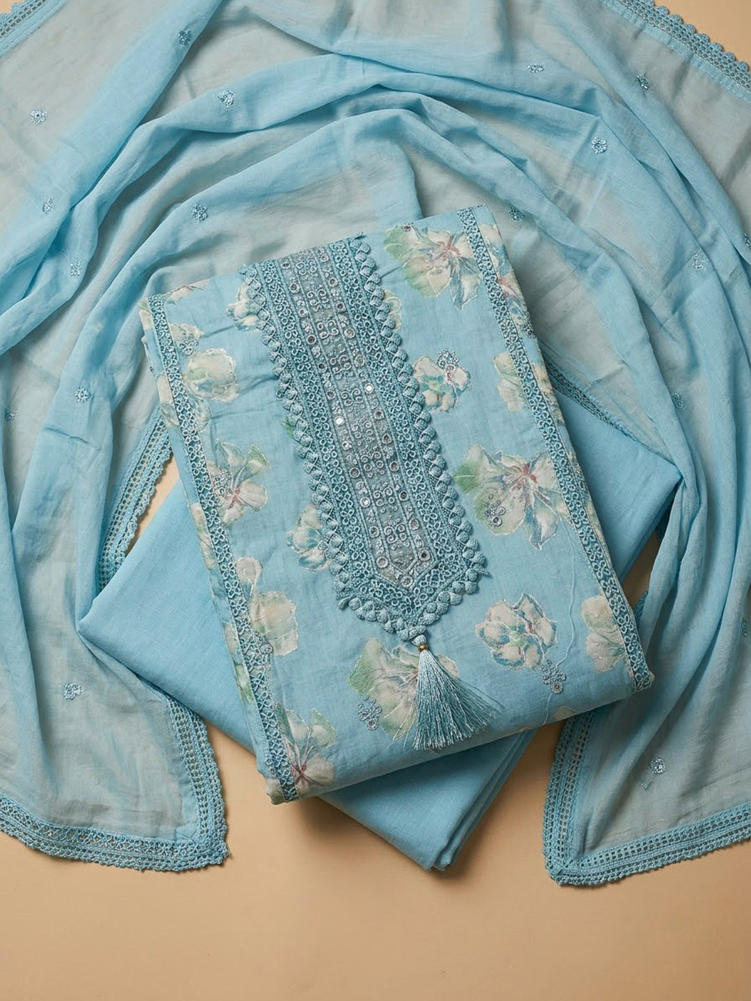 Blue Cotton Blend Printed Unstitched Dress Material