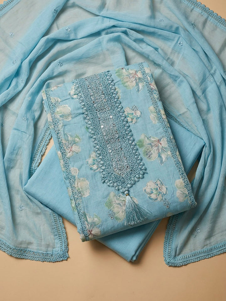 Blue Cotton Blend Printed Unstitched Dress Material