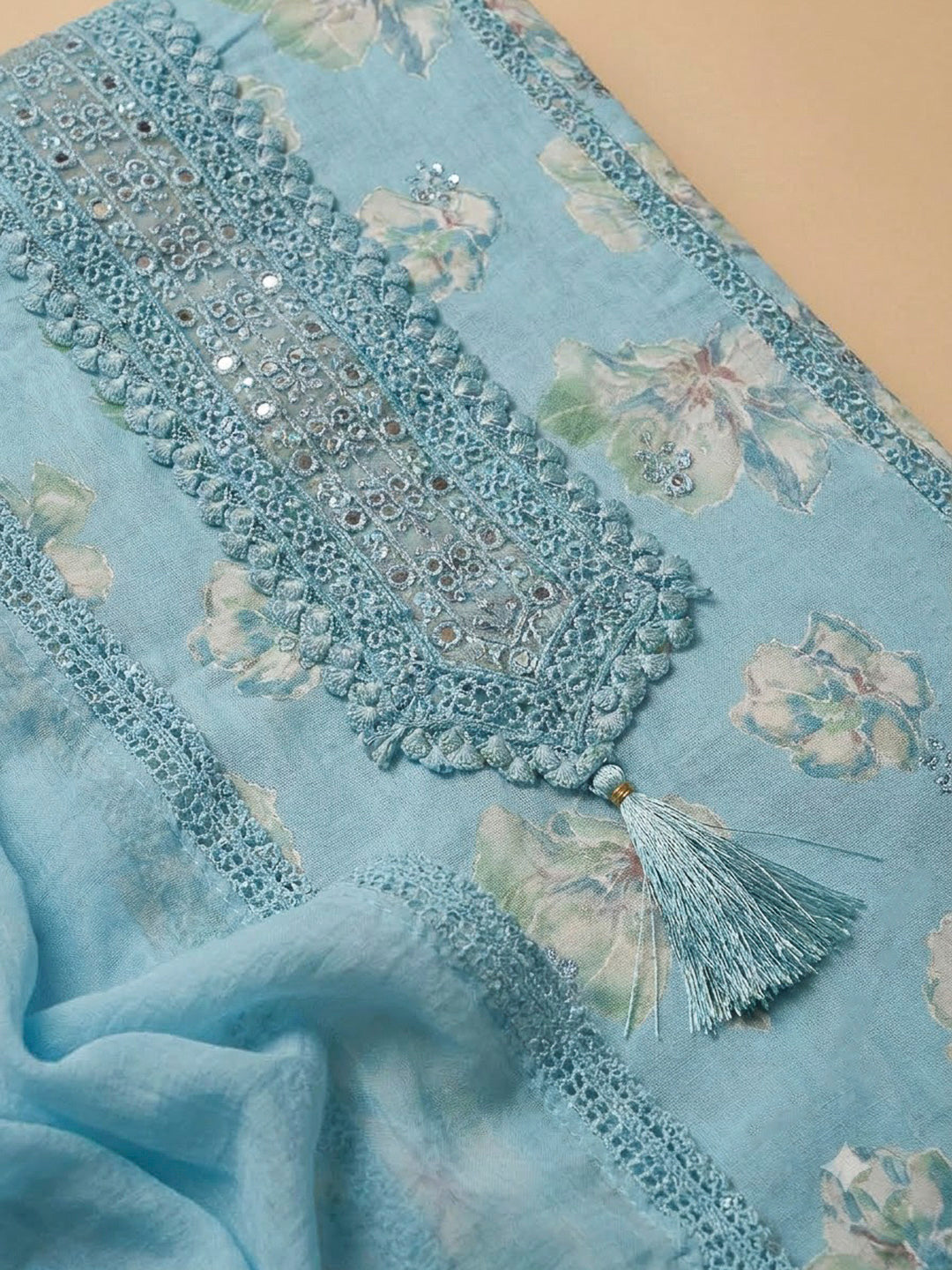 Blue Cotton Blend Printed Unstitched Dress Material