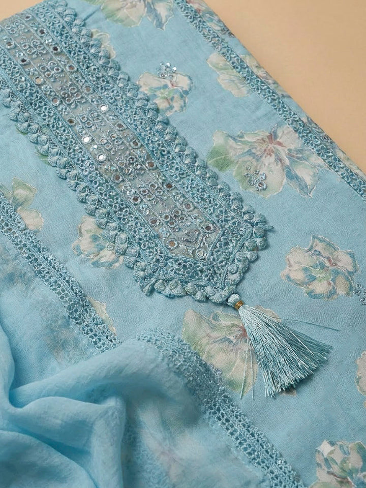Blue Cotton Blend Printed Unstitched Dress Material