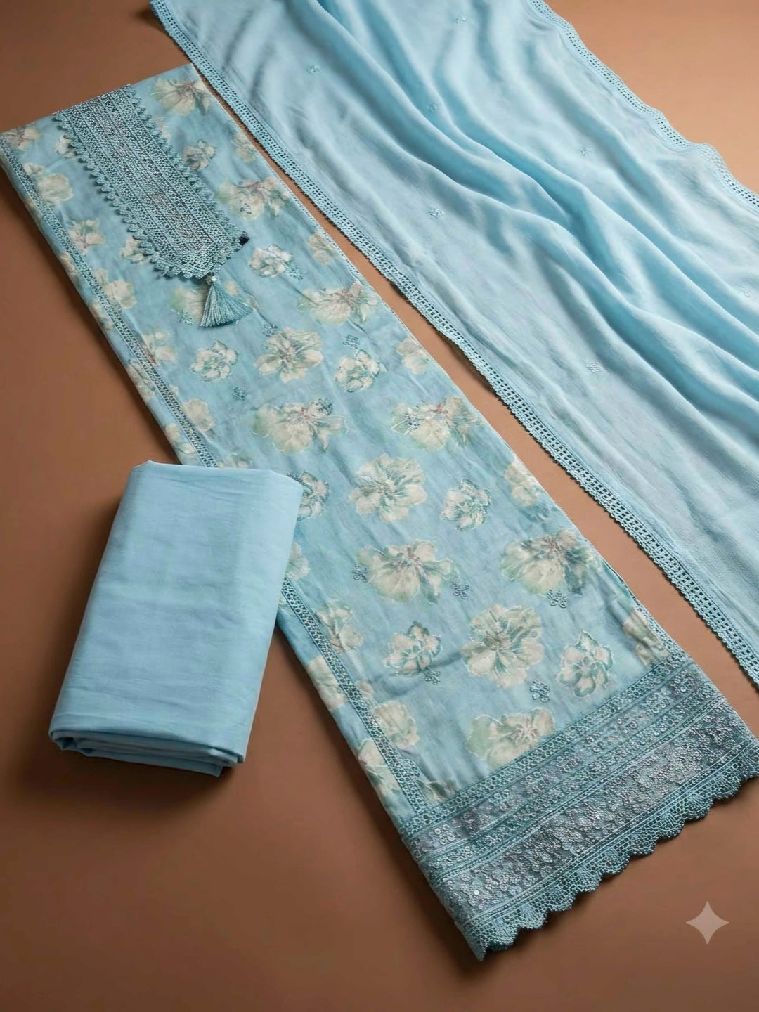 Blue Cotton Blend Printed Unstitched Dress Material