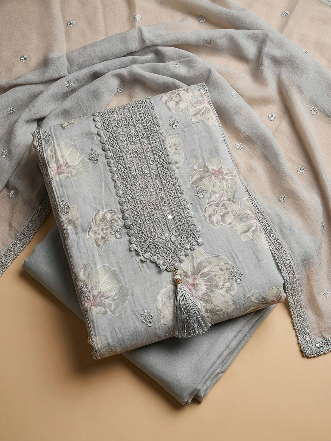 Grey Cotton Blend Printed Unstitched Dress Material
