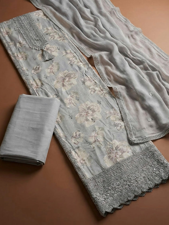 Grey Cotton Blend Printed Unstitched Dress Material