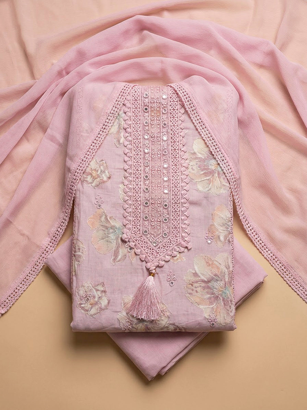 Pink Cotton Blend Printed Unstitched Dress Material