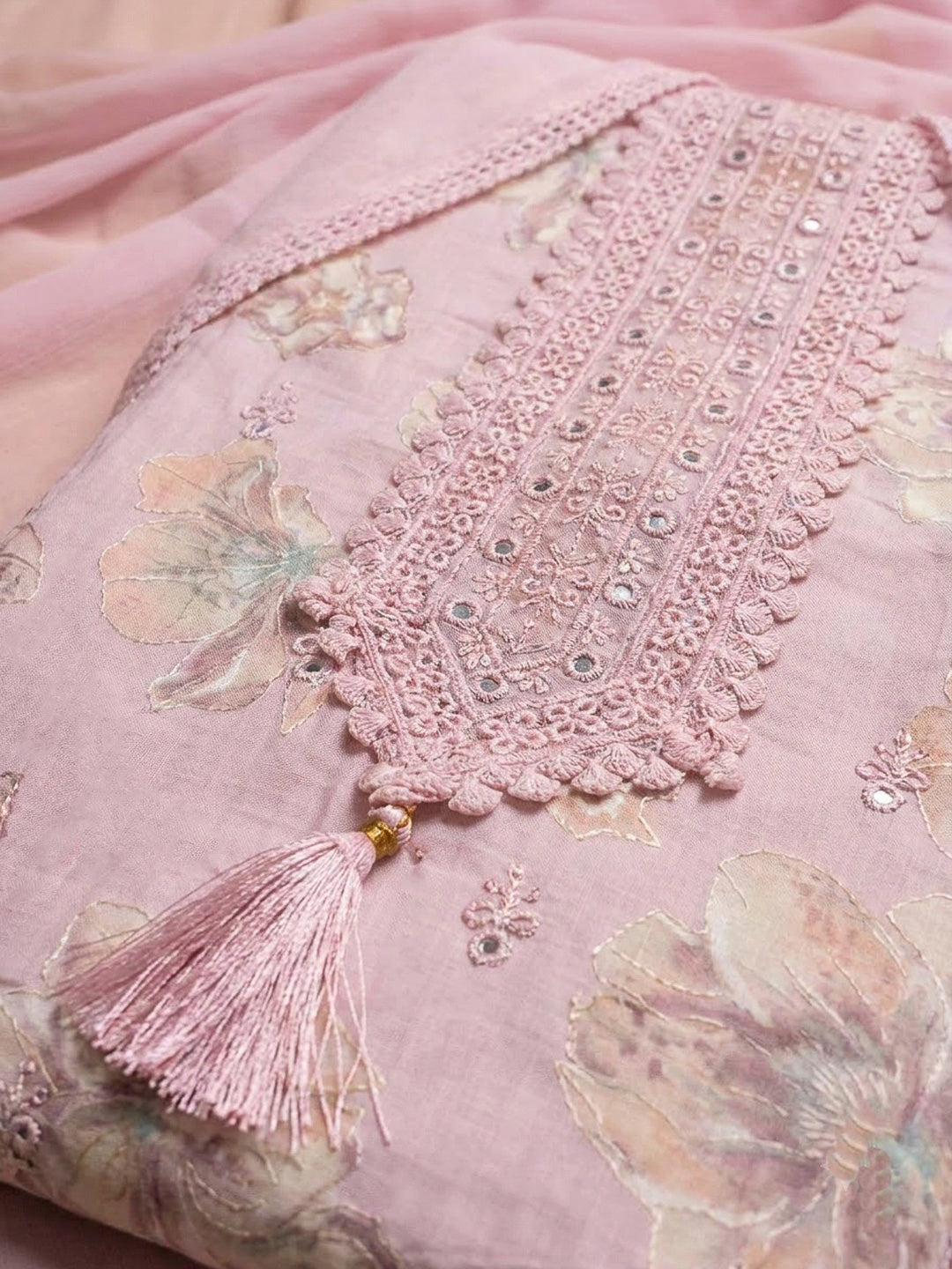 Pink Cotton Blend Printed Unstitched Dress Material