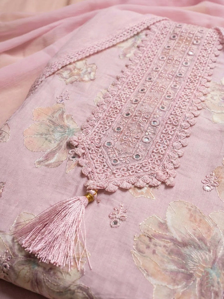 Pink Cotton Blend Printed Unstitched Dress Material