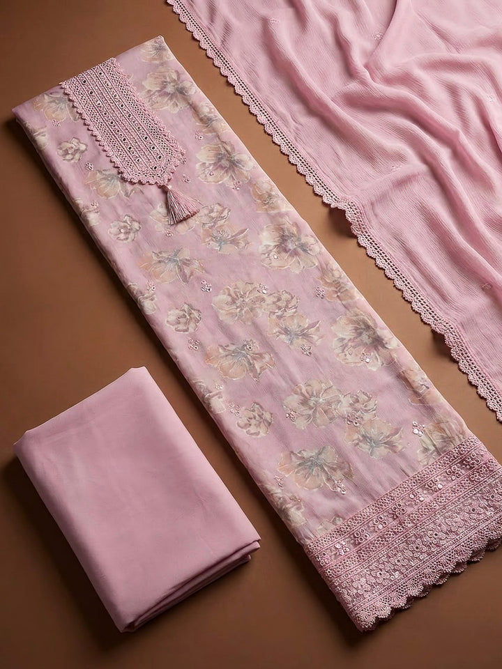 Pink Cotton Blend Printed Unstitched Dress Material