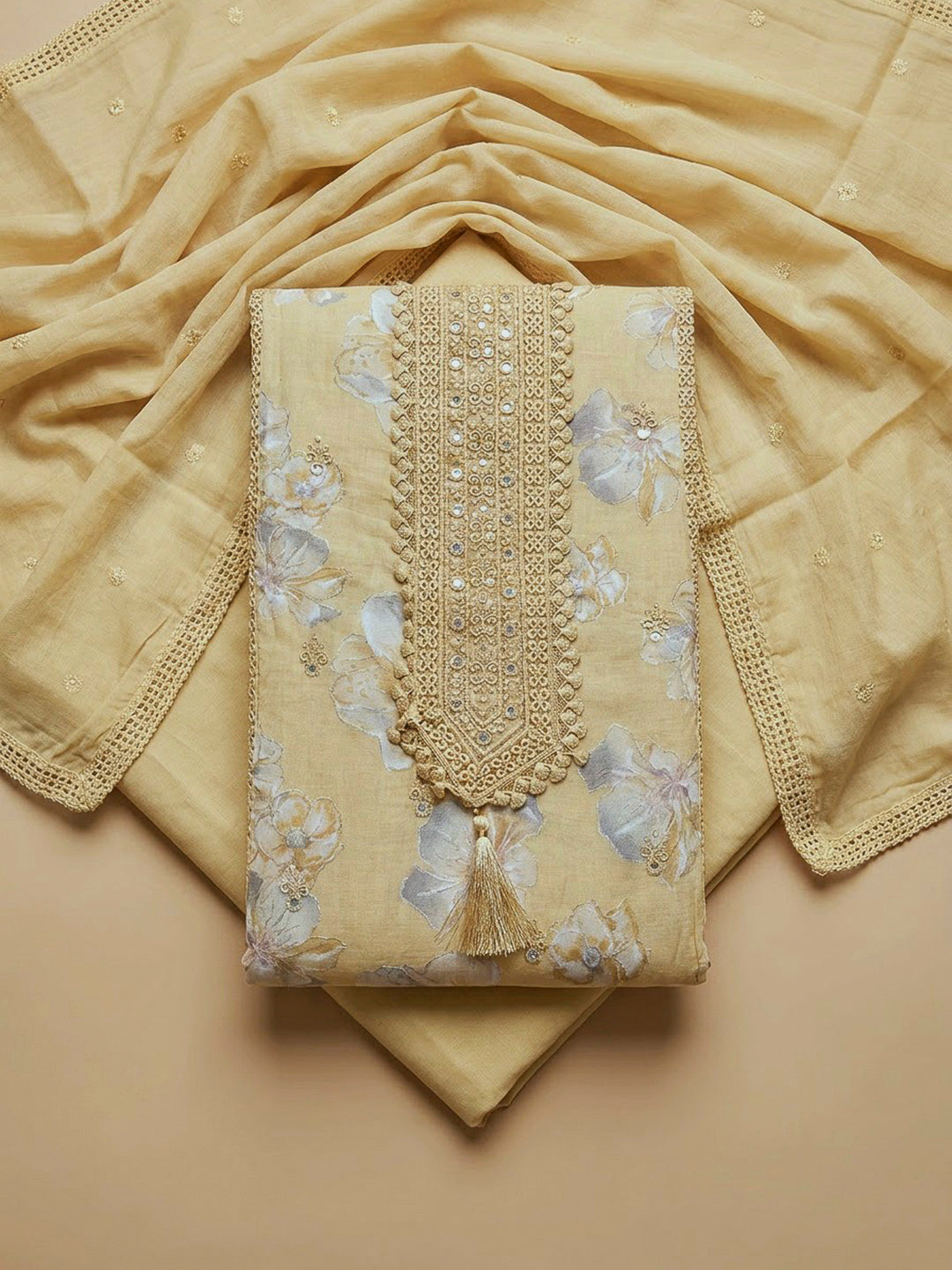 Yellow Cotton Blend Printed Unstitched Dress Material