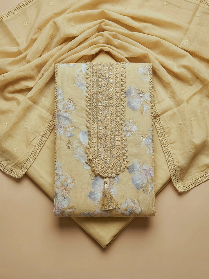 Yellow Cotton Blend Printed Unstitched Dress Material