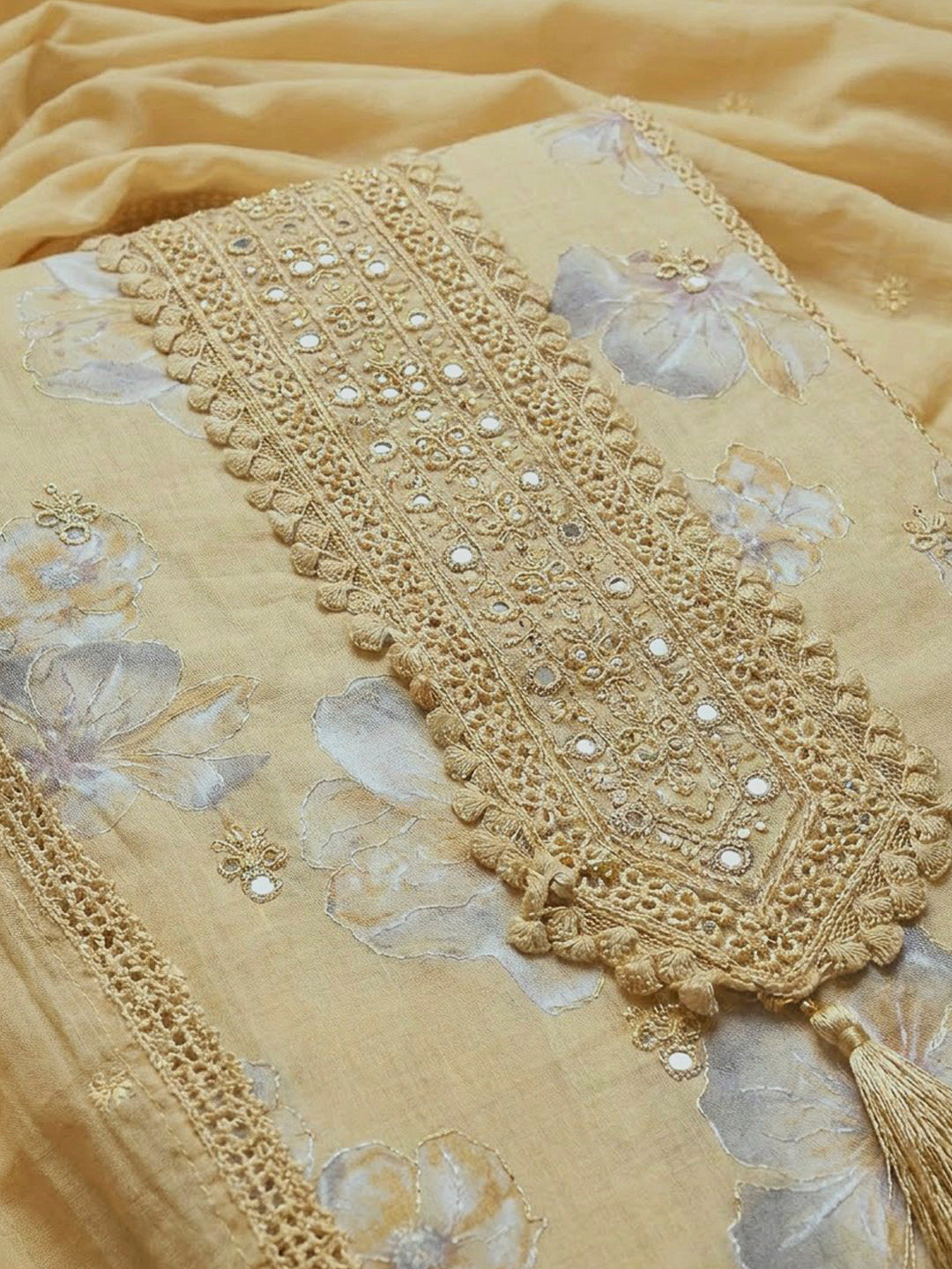 Yellow Cotton Blend Printed Unstitched Dress Material