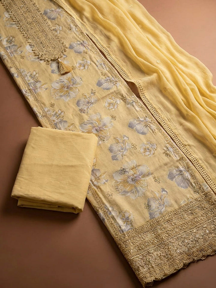 Yellow Cotton Blend Printed Unstitched Dress Material