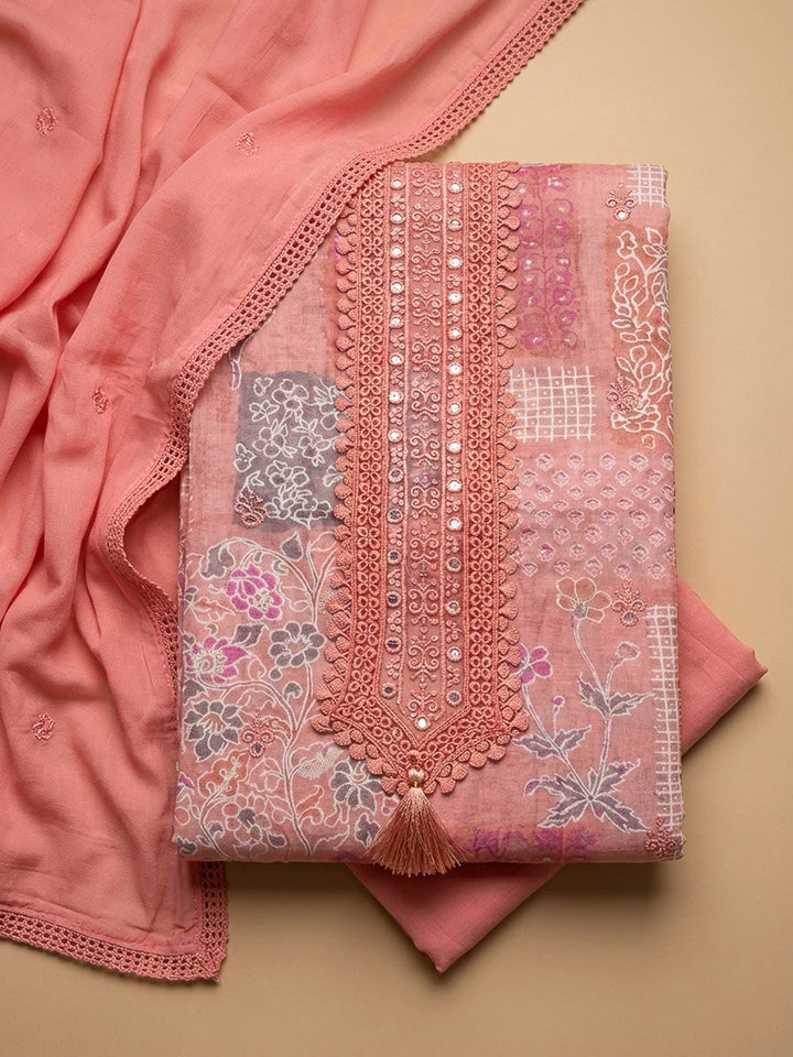 Peach Cotton Blend Printed Unstitched Dress Material