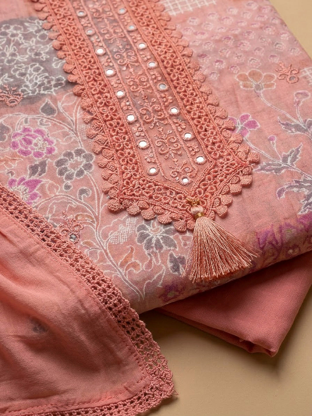 Peach Cotton Blend Printed Unstitched Dress Material