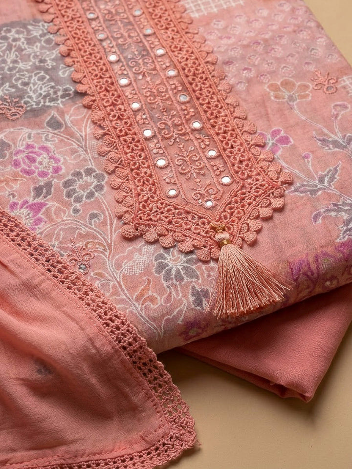 Peach Cotton Blend Printed Unstitched Dress Material