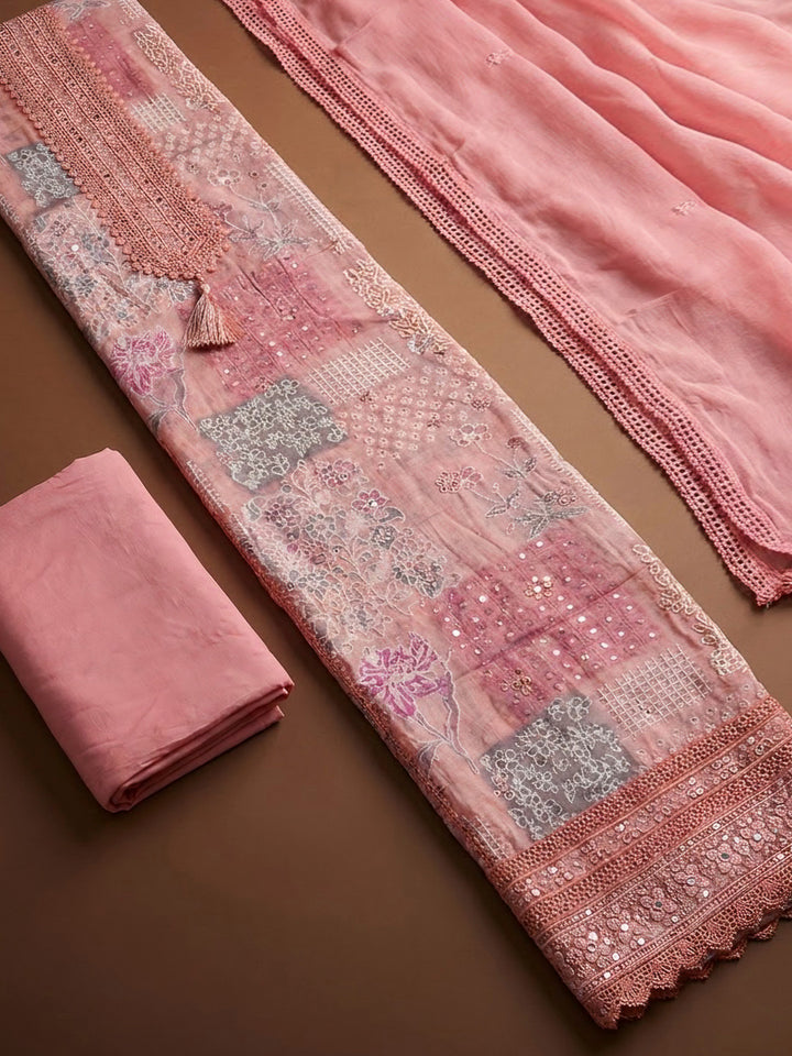 Peach Cotton Blend Printed Unstitched Dress Material